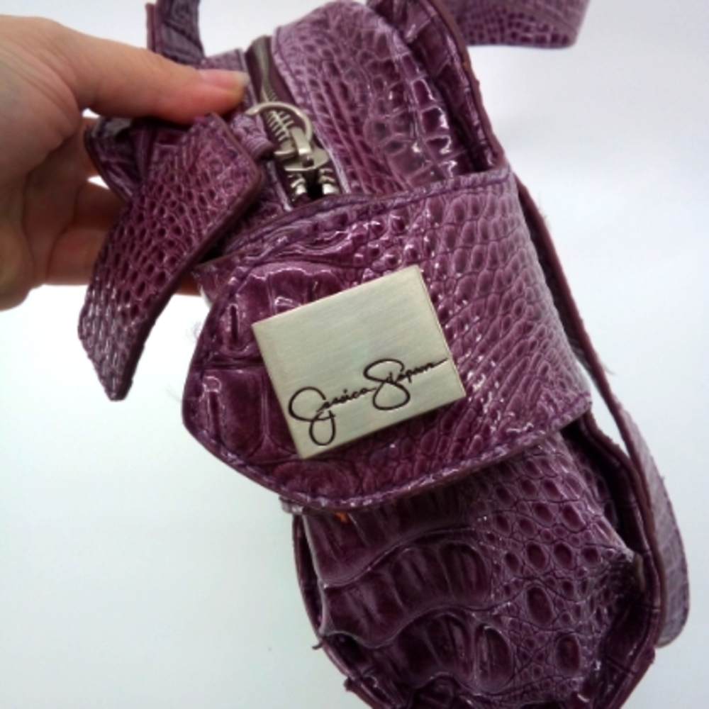 Jessica Simpson Faux Crocodile Purple Shoulder Bag Vegan Handbag Purse Gingham - Picture 4 of 15
